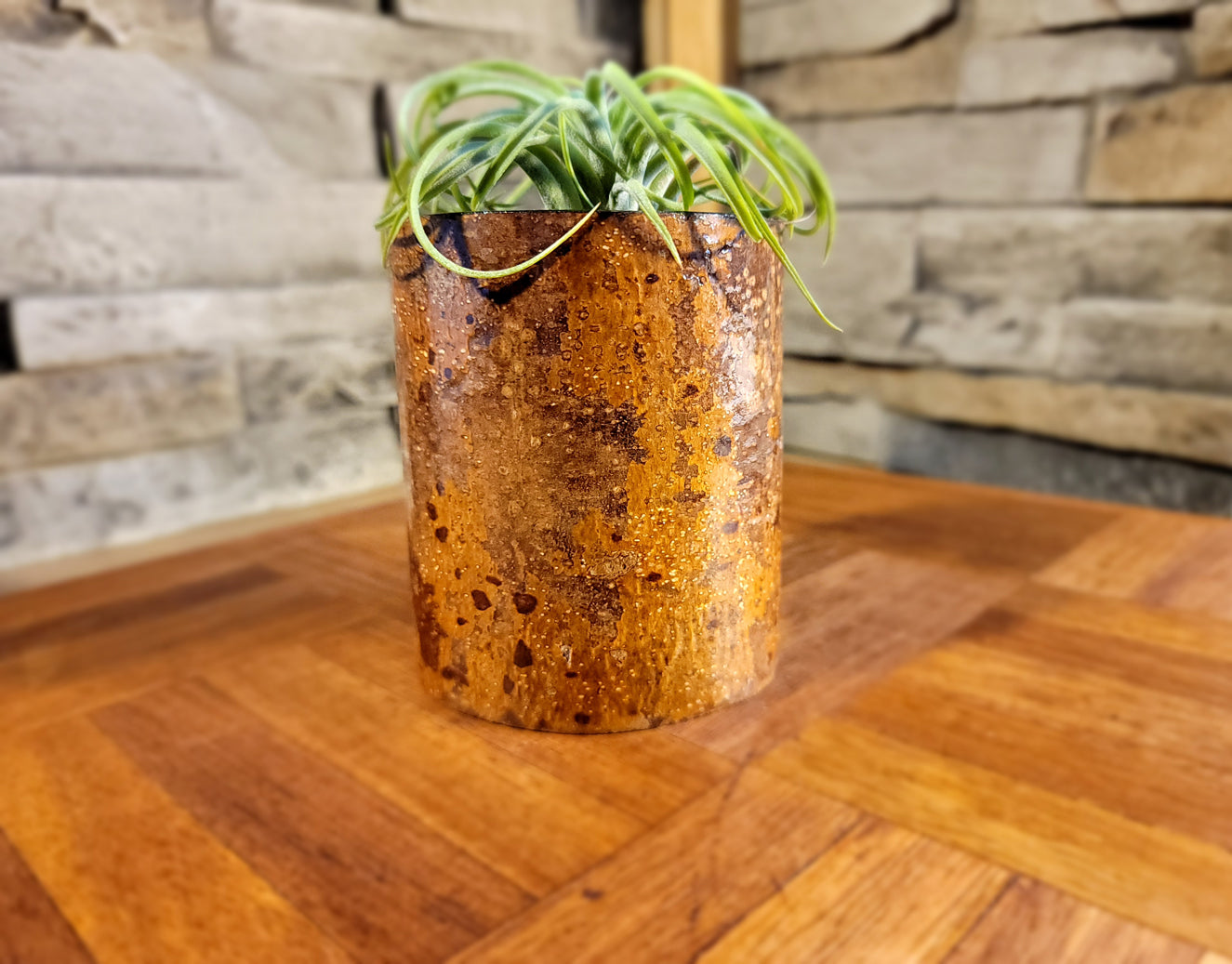 Modern Handmade Chestnut Planter with Polished Look, Side View