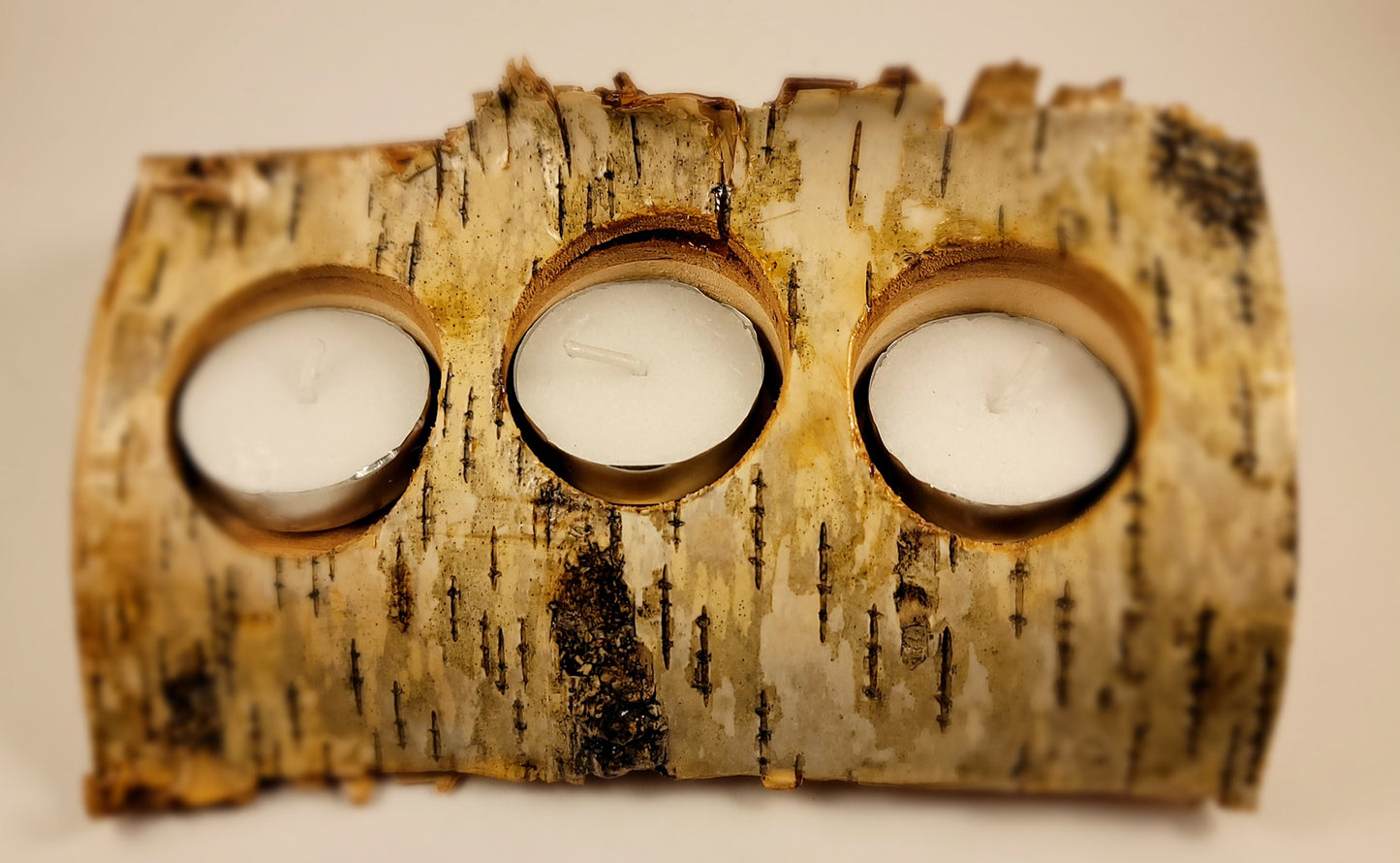 Rustic Birch Wood Candle Holder with Tea Light, Top View